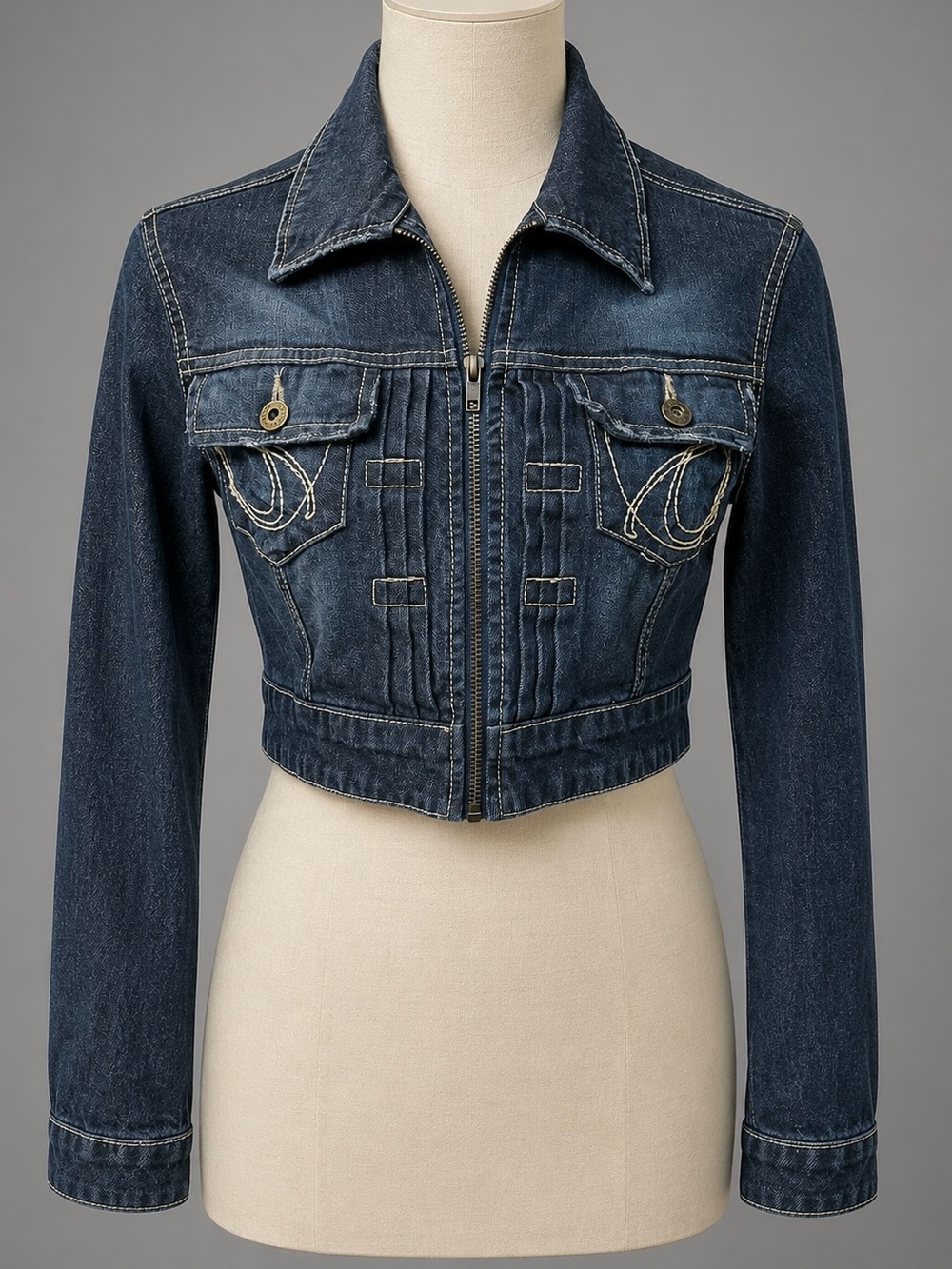 Dark Wash Blue Denim Cropped STUDDED Jean Jacket
